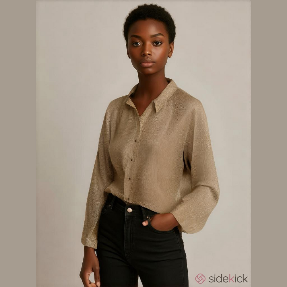 𝅺VINTAGE 80s Classic Checkered Gold & Black Shiny Secretary Blouse Size Large